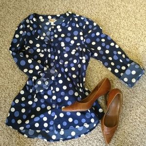 JM Collection Blue Polka Dot Button Front Blouse